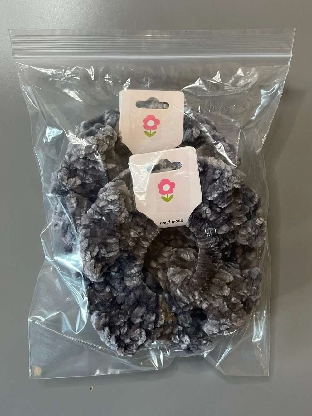 Set of 2 Gray Velvet Crochet Scrunchies Handmade NWT Chenille Hair Ties